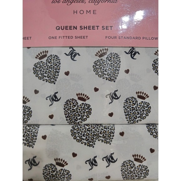 Juicy Couture Queen Sheet Set Leopard Heart Crown Valentine's Day NWT - Picture 2 of 4